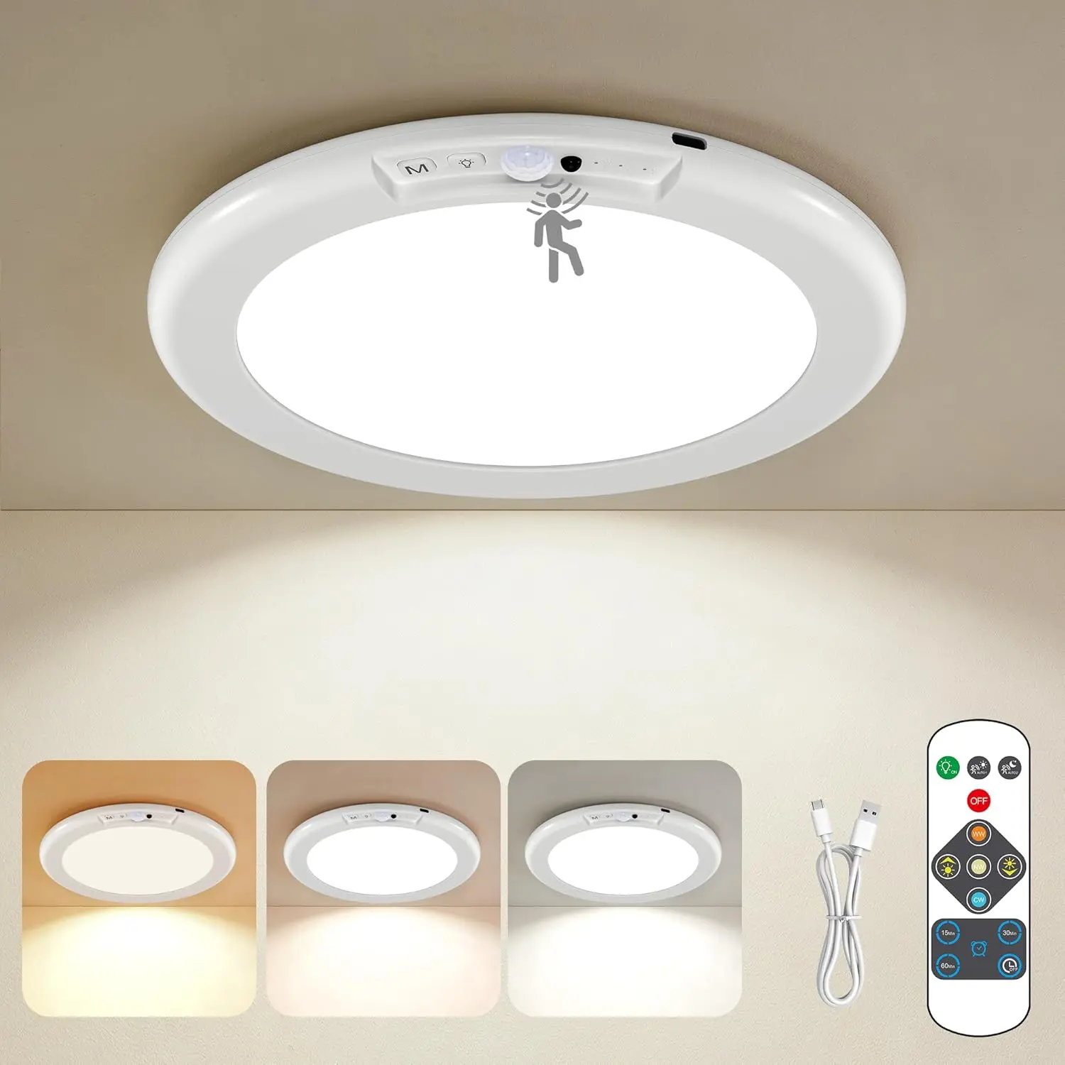 Rechargeable Wireless LED Ceiling Light With Remote Control, Battery Operated Motion Sensor Dimmable Overhead Lamp, No Hardwiring Closet Shower Light For Pantry Shed Hallway Indoor Use