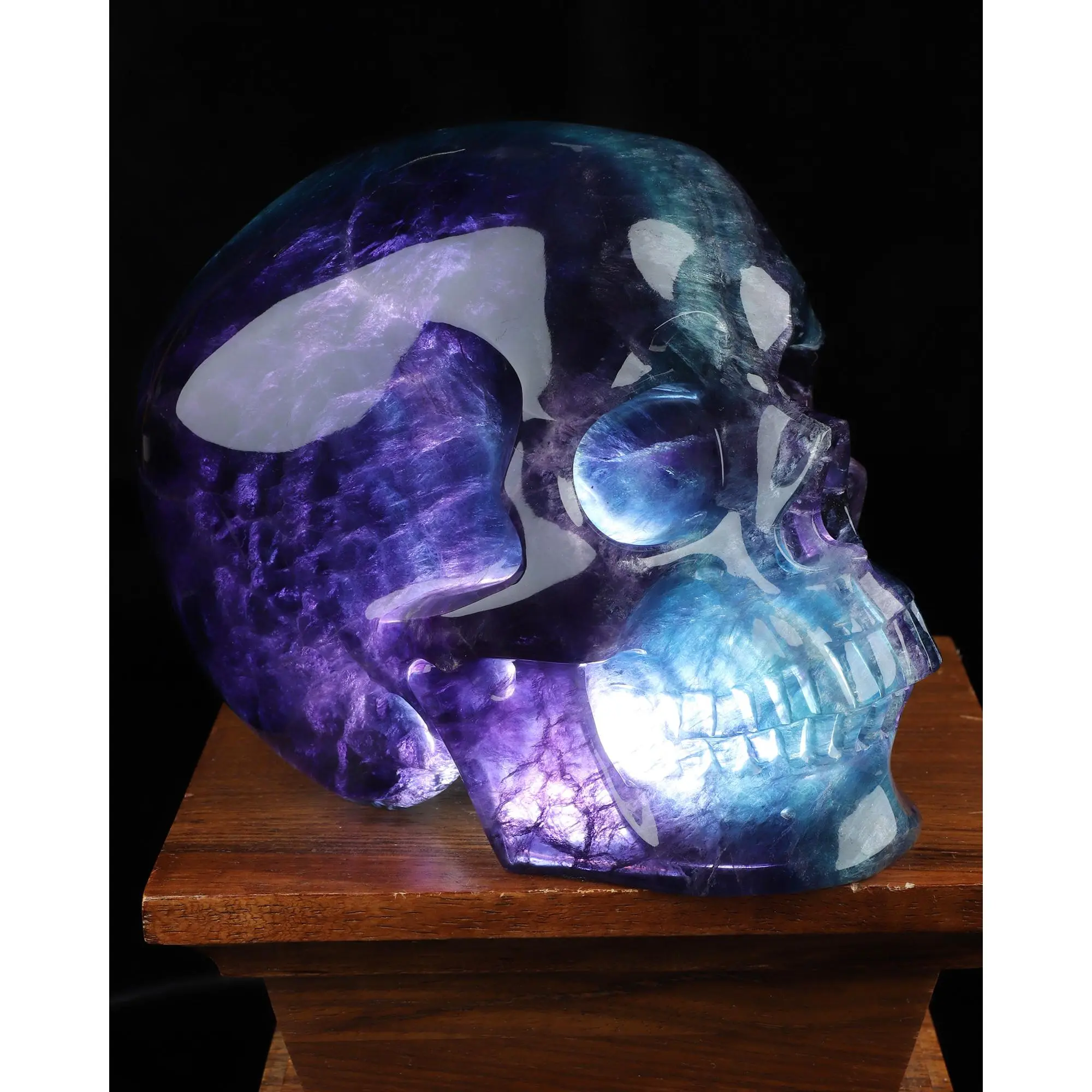 5.7" Natural Fluorite Hand-Carved Hollow Realistic Skull Crystal Lamp with LED Stand, Home Decor, Crystal Healing #4814328