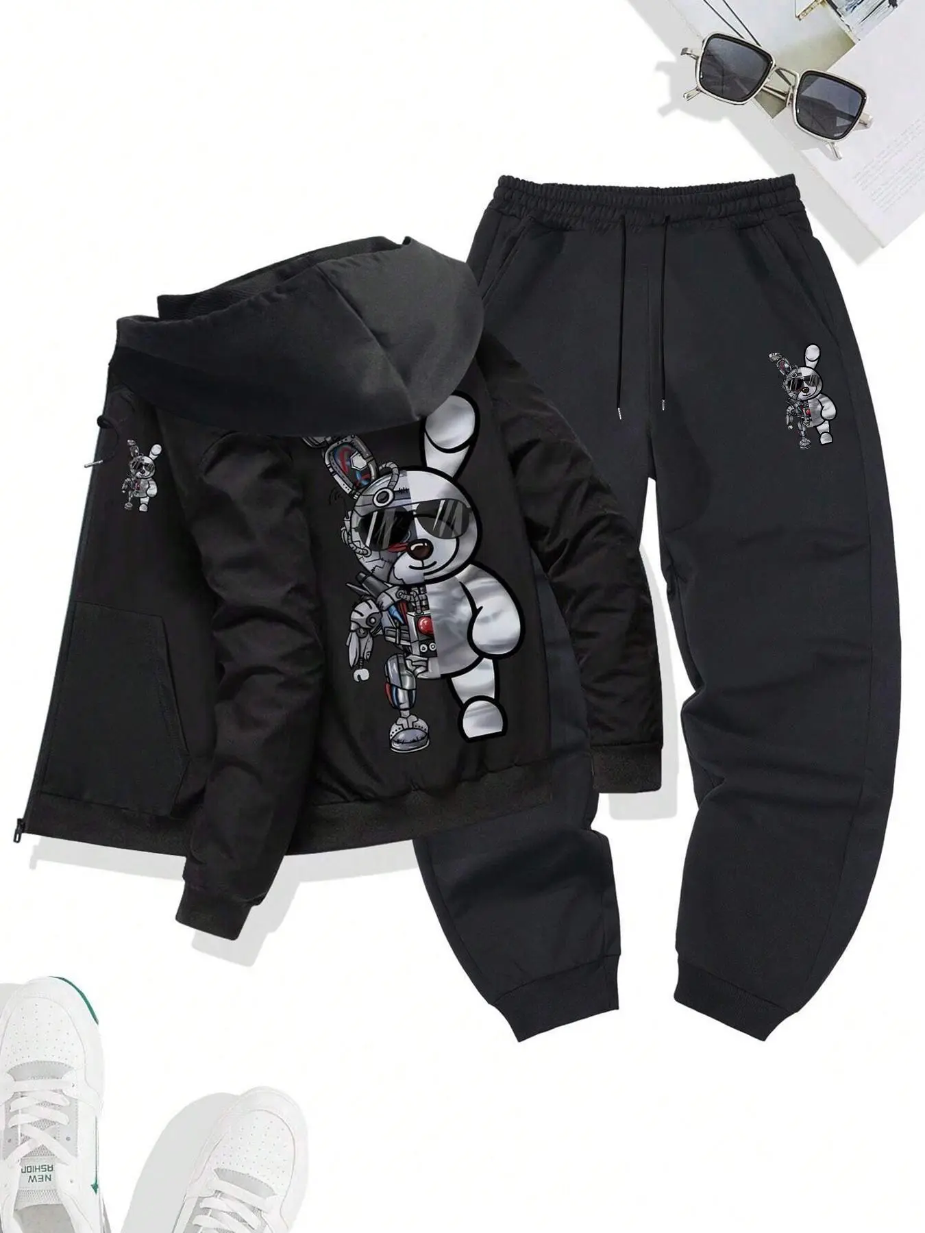 Men's Plush Lined Mechanical Teddy Bear Print Pocket Zip Up Hoodie & Drawstring Waist Sweatpants Two-piece Set, Menswear, Regular Fit Casual Comfy Thermal Warm Long Sleeve Drawstring Hooded Sweatshirt & Pocket Jogger Pants for Fall & Winter