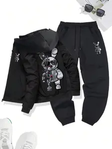 Men's Plush Lined Mechanical Teddy Bear Print Pocket Zip Up Hoodie & Drawstring Waist Sweatpants Two-piece Set, Menswear Regular Fit Casual Comfy Thermal Warm Long Sleeve Drawstring Hooded Sweatshirt & Pocket Jogger Pants for Fall & Winter