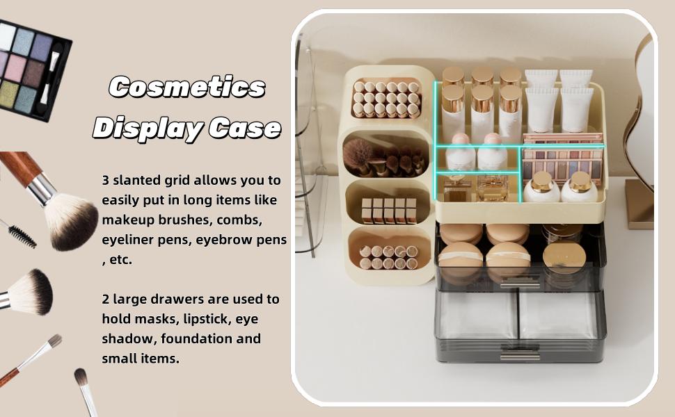 Large Makeup Organizer with Drawers, Spacious Cosmetics Display Case with Brush Holder for Vanity, Skin Care Storage Solution for Lipstick Eyeshadow Palettes Beauty Essential Bathroom