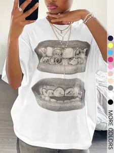 Women's Lip Print Drop Shoulder Tee, Cute Casual Graphic Half Sleeve Round Neck T-Shirt for Summer, Fashion Women's Top for Daily Wear