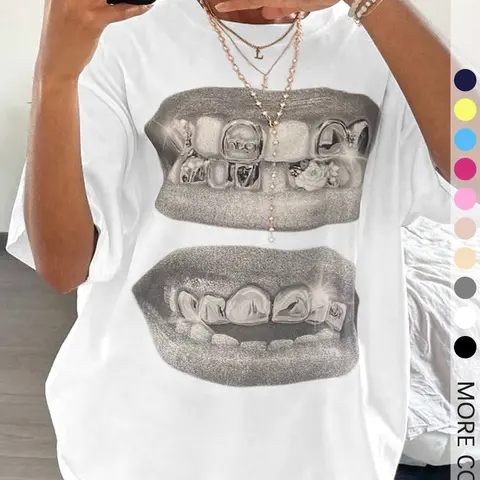 Women's Lip Print Drop Shoulder Tee, Cute Casual Streetwear Graphic Half Sleeve Round Neck Knit Fabric T-Shirt for Summer, Fashion Women's Top for Daily Wear