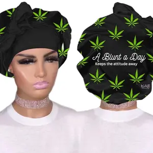 A Blunt a Day Bonnet - Black with Green Leaf Design - Keeps the Attitude Away - KAE Brand