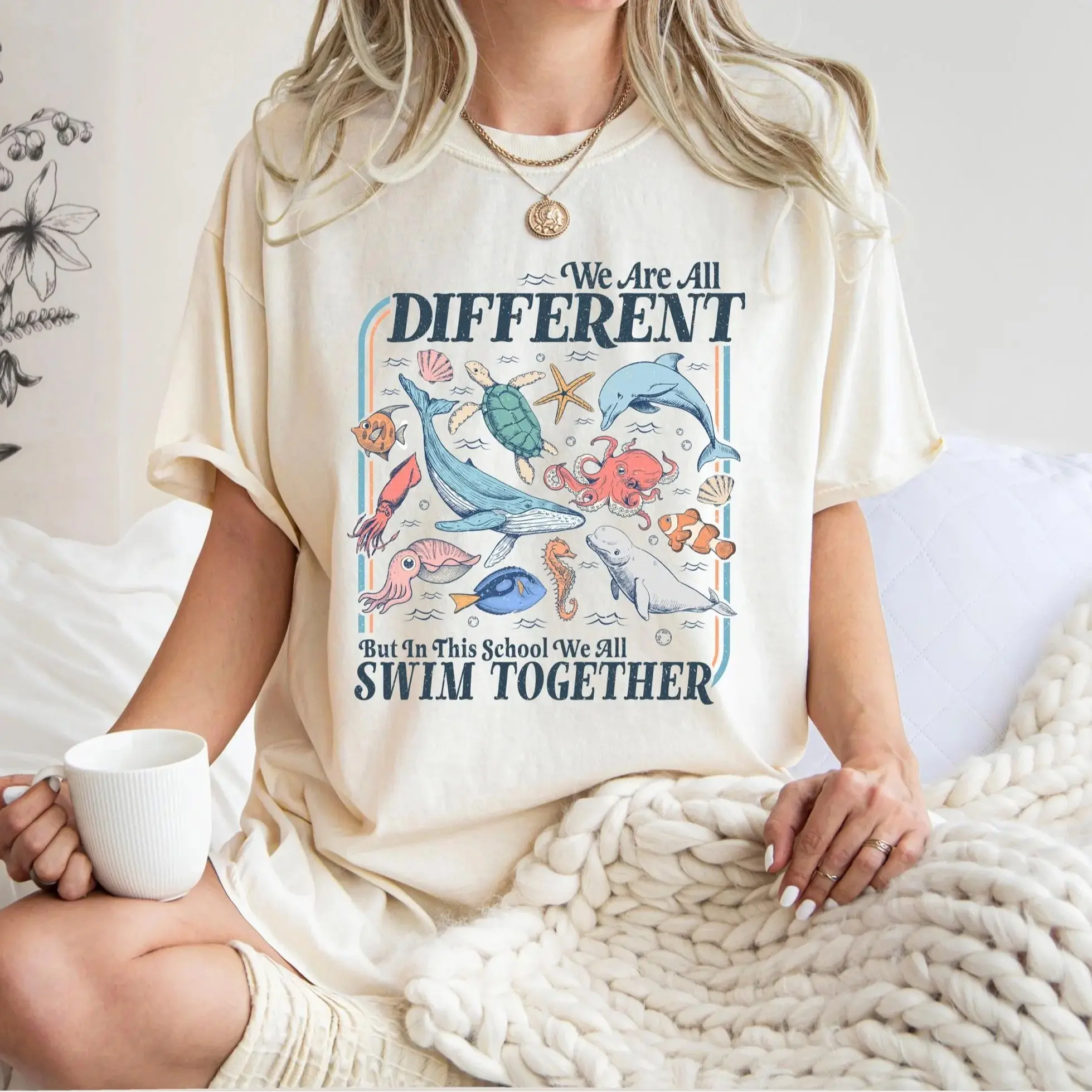 We Are All Different Swim Together Shirt, Teacher T-shirt Back to School 2025, Inclusive Ocean Animals Tee, Teacher Appreciation Sweatshirt
