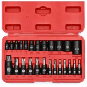25 Piece Bit and Socket Set, 13 Star Bits (T8- T60) & 12 E-Torx Sockets (E4-E22), Professional Grade Auto & Motorcycle Mechanic Set