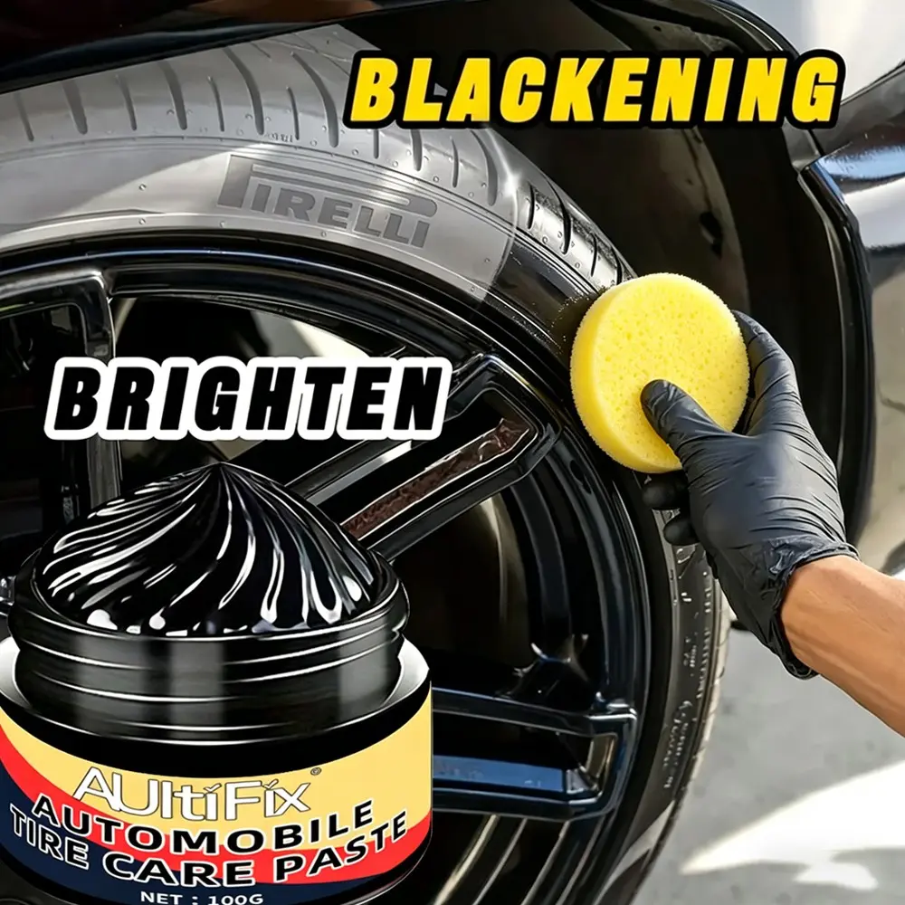 Applying tire shine cream to tire sidewall