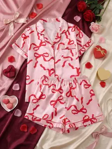Elegant Women's Pajama Set, Bowknot Print Short Sleeve Top & Elastic Shorts, Valentine's Day Homewear, Casual Sleepwear