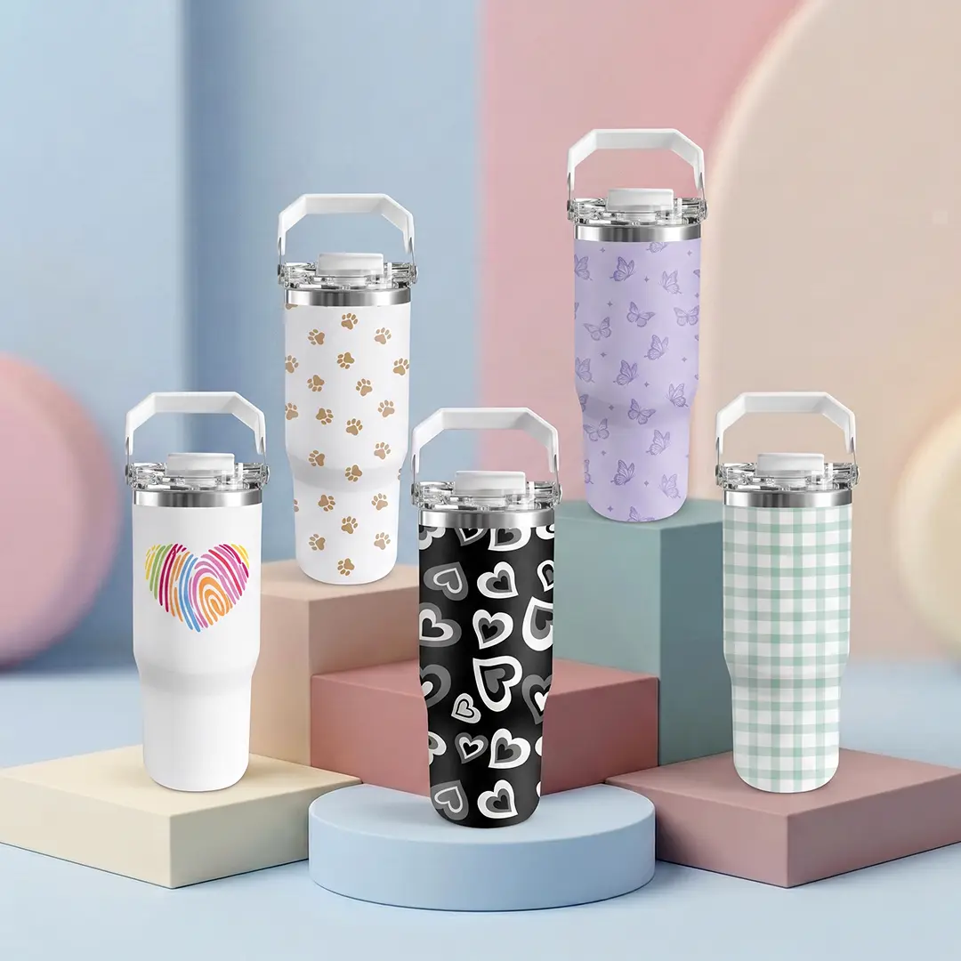 30oz Cute Printed Tumbler with Handle and 2-in-1 Lid, Pastel Aesthetic Insulated Stainless Steel Travel Mug with Straw, Car Cup Holder Water Bottle Gift for Women and Girls