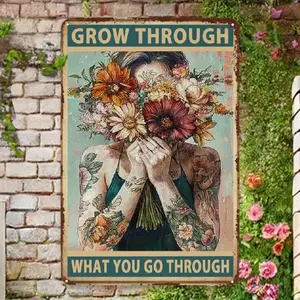 [8x12 Inch Vintage Quote] 8x12 Inch Aluminum Vintage Floral Growth Quote Wall Art - Inspirational Design for Home Decor & Room Accents