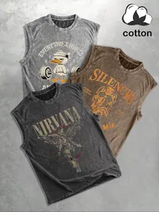Angel pattern cotton vintage distressed men's vest three-pack round neck fashionable sleeveless top, street hip-hop Graphic print, men's summer three-pack