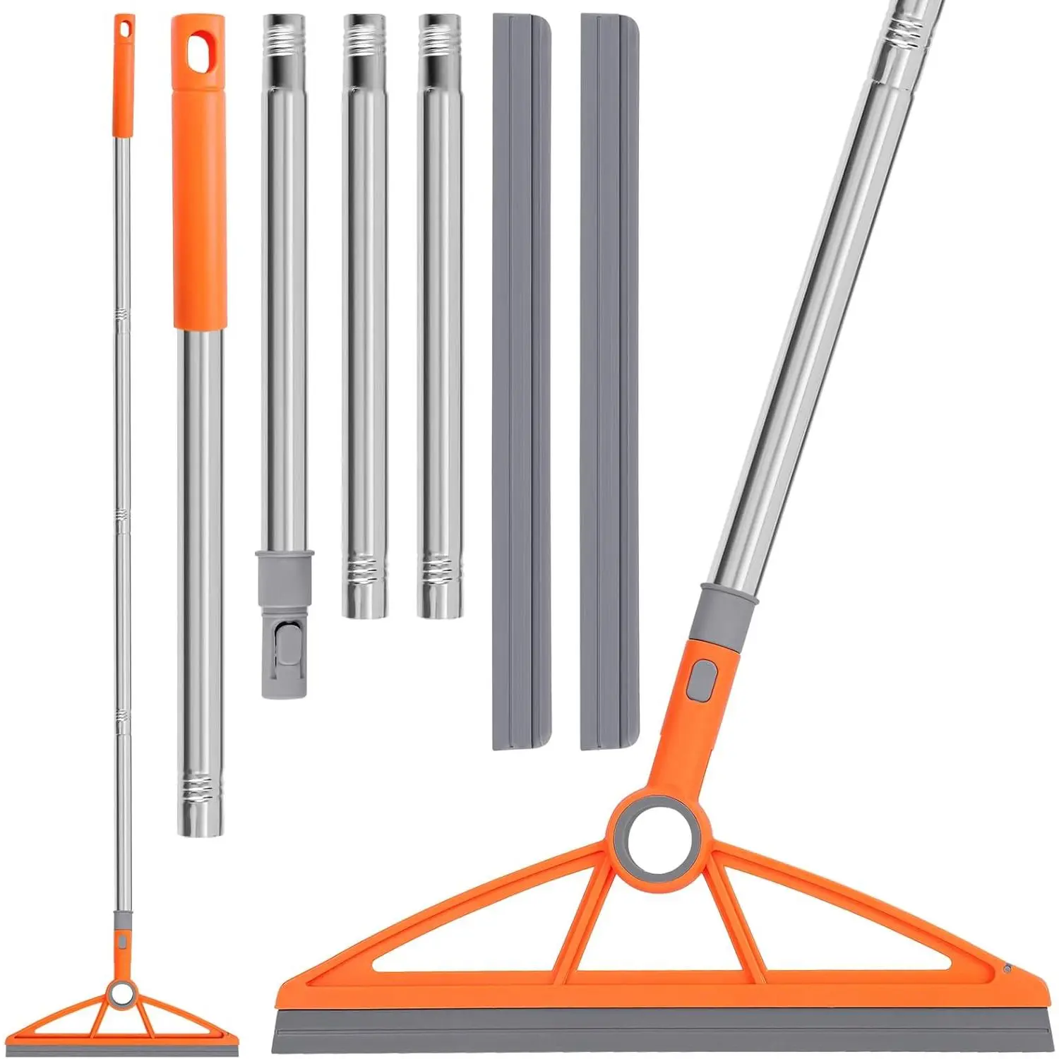 2-in-1 Adjustable Length Synthetic Rubber Air Broom Kit - 180-Degree Rotating, 54-in Long Handle, 2 Scraping Strips, Removable & Washable Wall Brush, Hard Floor & Kitchen Tools for Removing Oil Stains, Cleaning Tools