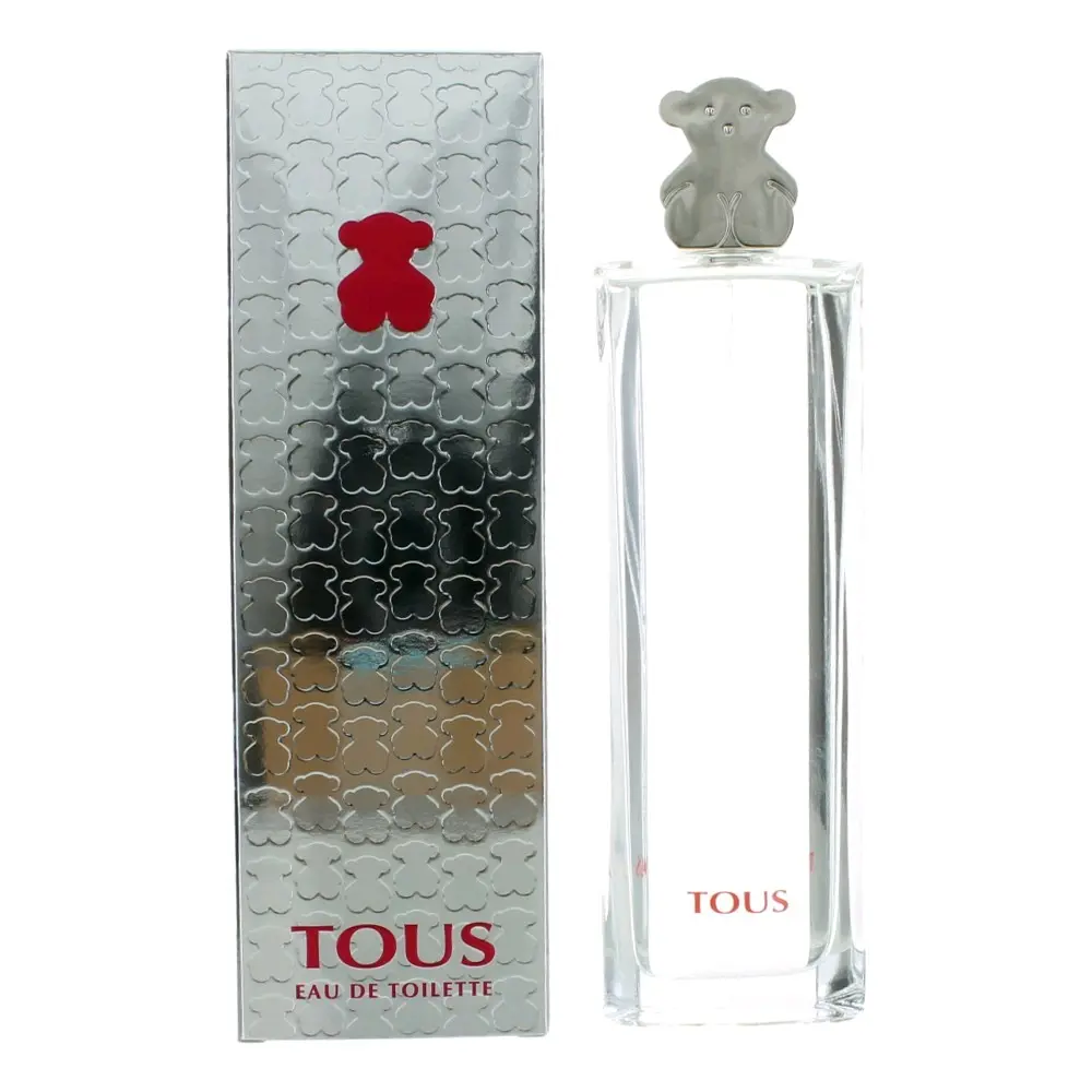 Tous Silver Eau de Toilette Spray for Women, Signature Scent Fragrance, 3 oz Bottle with Silver Bear Cap, Box, Silver Background