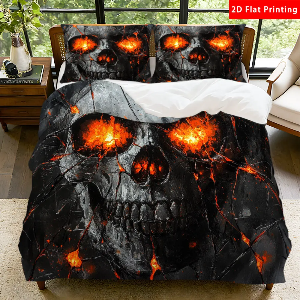 2/3 Pcs 2D Flat Skull with Fiery Eyes Duvet Cover Set Skull Print Cool Bedding Set Quilt Cover 1 Duvet Cover + 1/2 Pillowcases Skull Top Sheet Decorative Bedding Bedroom Decor