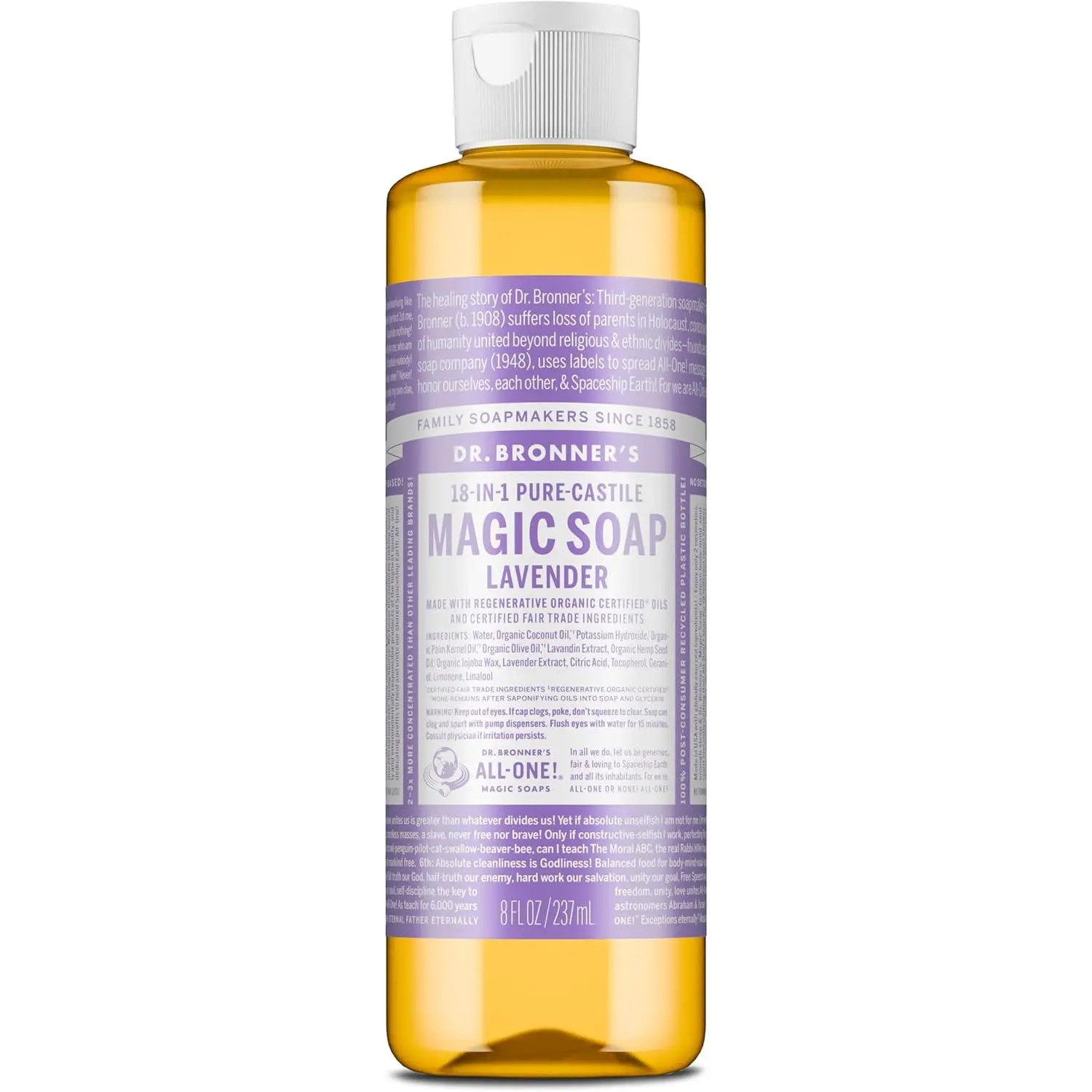 Dr. Bronner's Pure-Castile Magic Liquid Body Wash (Lavender, 8 oz) - Regenerative Organic Certified Oils, Concentrated, Vegan, Non-GMO - For Sensitive Skin, Baby Use