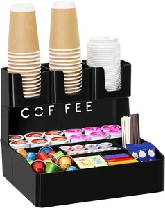2-Tier Coffee Station Organizer for Countertop 10 Compartments Tea Condiment Storage Coffee Bar Organizer for Office Breakroom Home Kitchen Black Waterproof Crack-Resistant Large Capacity - Racks