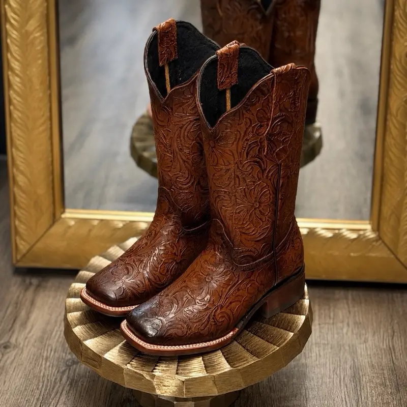 Esther | women’s Square Toe Hand-tooled Boots Brown