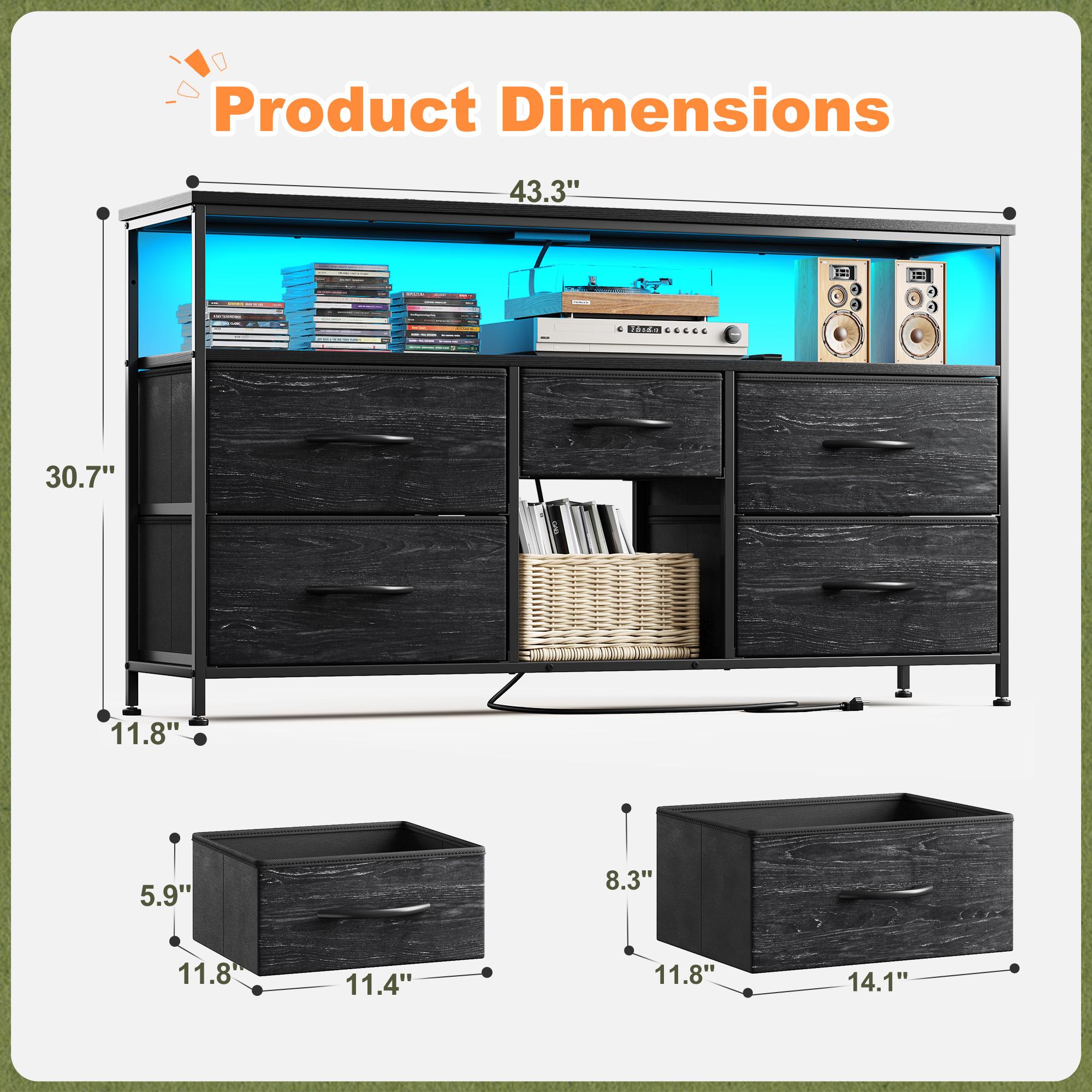 【Storage TV Stands】Raybee 30'' H Dresser with 5 Drawers,Old School & Chill Vibe TV Stands with Cabinets for Living Room with LED & Charge Station(2 USB Ports & 2 Power Outlets), Match 50 Inches TV,Combining Aesthetics with Practicality