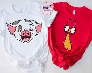 Cute Pua Pig And Hei Hei Chicken Big Face Costume T-shirt D.ney Moana Halloween Matching Tee D.neyland Family Birthday 2024 Trip Comfort Cotton
