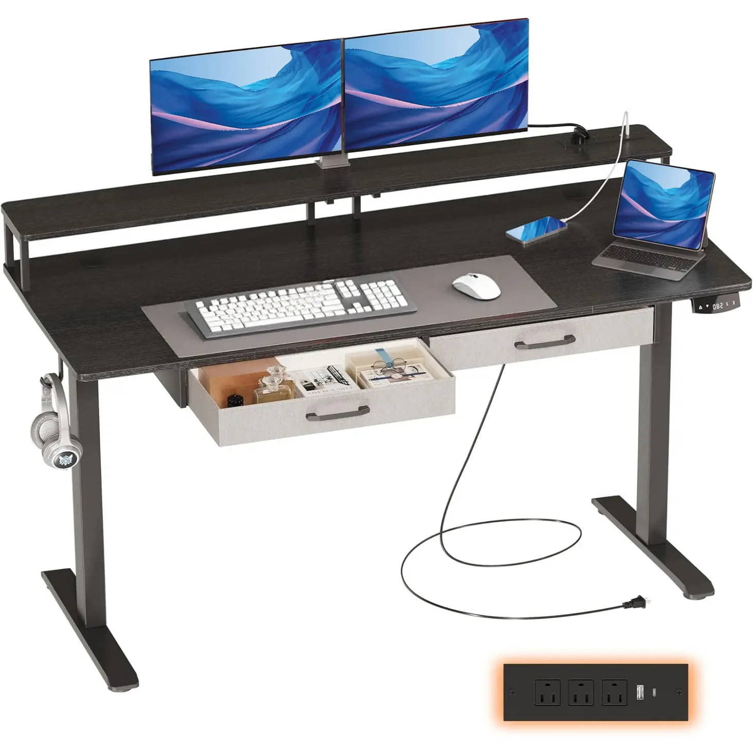 Black+Drawers&Monitor Stand&Power Outlets Included