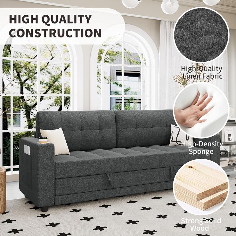 Queen Size 83” Pull-Out Futon Sofa Bed, Thick Upholstered Sleeper Loveseat, Convertible Floor Couch – Dark Grey | HYZQ