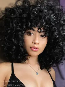 Women's 14 Inch Long Coily Textured Wigs with Bangs, Retro Fashion Gorgeous Fluffy for Party, Cosplay and Daily Wear, Holiday Dress-up Hair Accessories or Gifts