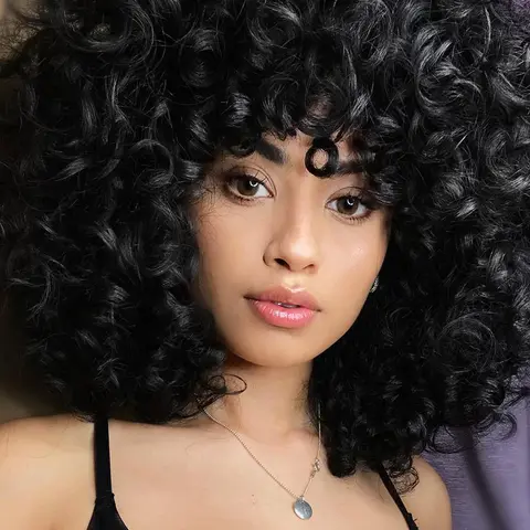 Women's 14 Inch Long Coily Wigs with Bangs, Retro Fashion Gorgeous Fluffy Wigs for Party, Cosplay and Daily Wear, Holiday Dress-up Hair Accessories or Gifts