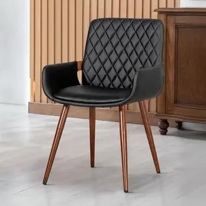 Mid Century Modern Faux Leather Dining Room Chairs,Upholstered Seat Metal Legs Chairs Black Faux Leather Kitchen Chair Reception Room Chair,1PCS