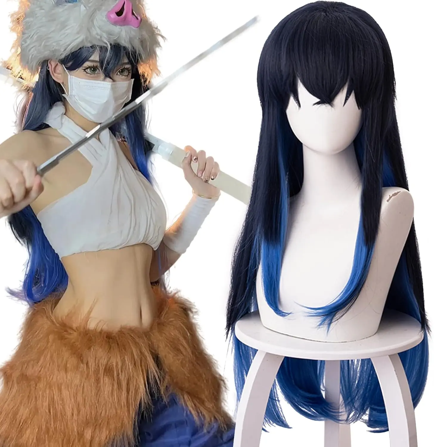 Women's Cosplay Wig - Long Black-Blue Straight Synthetic Hair for Halloween, Daily Fashion, Anime & Gaming Expo Events