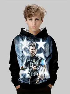 Boys' Creative Hooded Sweatshirt, Graphic Team Hoodie, Football Heroes Cr Messi Print, Fitted Casual Style, All over Print, Fall & Winter Wear