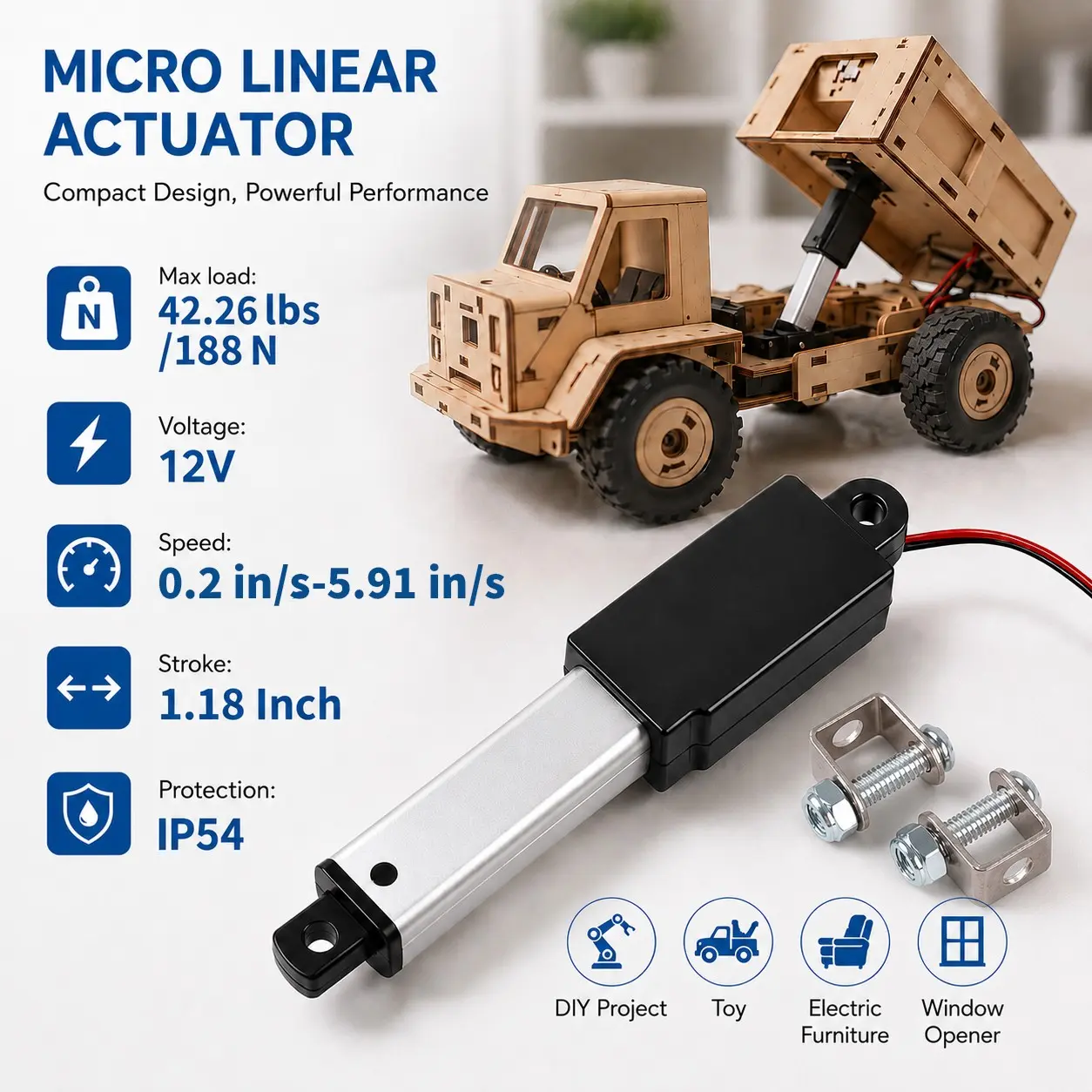 12V Micro Electric Linear Actuator, 1.18 Inch,Max force 42.26lbs/ 188N , Ip54 Waterproof, Speed 0.2"-5.9"/s, Ideal for Smart Home, DIY, Medical Devices