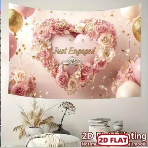 2D Flat, 2D FLAT Party Banner 1pc "Just Engaged" Heart-Shaped Floral Frame with Rings and BalloonsDesign Party Style Event Celebration Indoor and Outdoor Decoration Banner, 2D Flat
