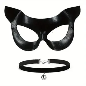Cute Cat Woman Mask Decoration with Bell Necklace, Perfect for Halloween Costume Party, Role-Playing Events, and Themed Gatherings