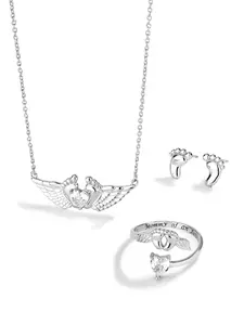 Angel Mom Wing Heart Three-Piece Set: Clavicle Necklace + Earrings + Ring, Fashion Versatile Elegant Jewelry Sets, Party Daily Birthday Gift