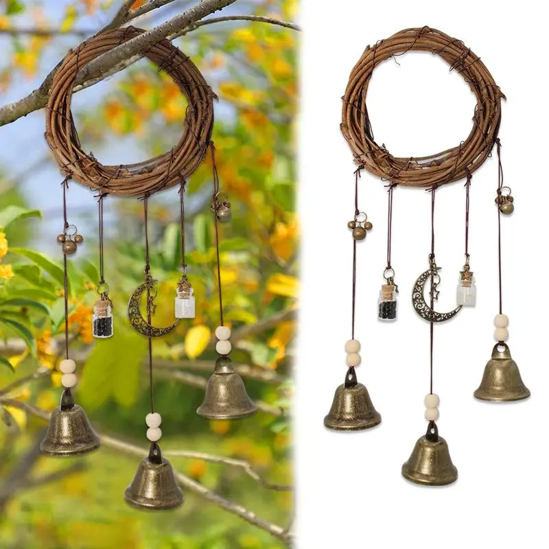 Bells Witch Protection Bells - Colorful Black & White Wood Jar with Rustic Wreath Design, Hangable Wiccan Home Blessing Door Decor, Home Improvement Security & Safety Ornament