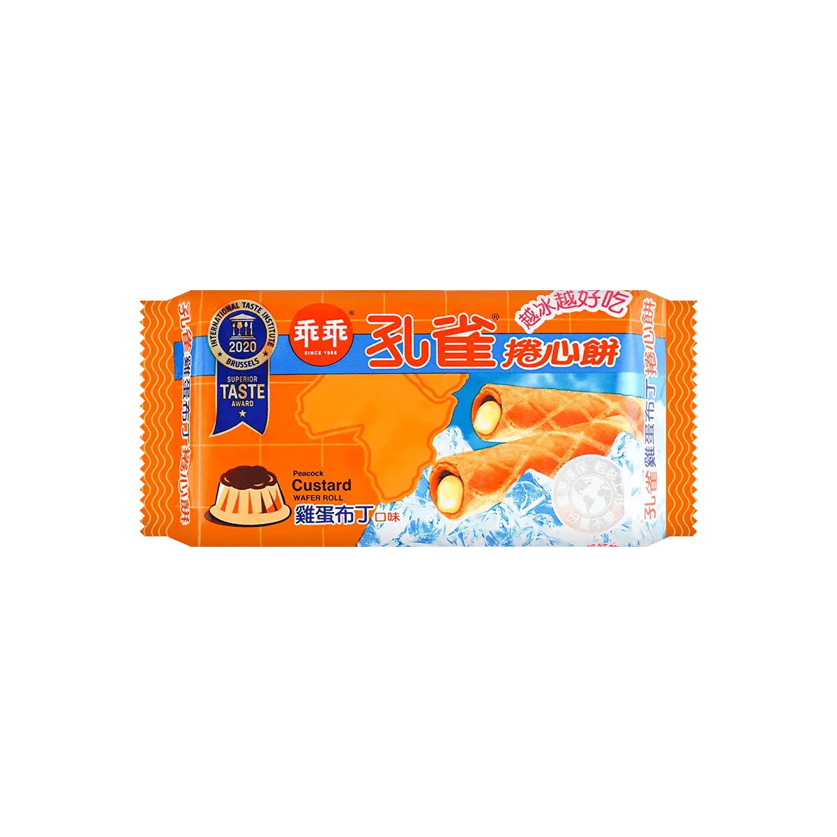 Peacock Brand Taiwan Egg Pudding Flavor Roll Crisps - 63g Snack Pack