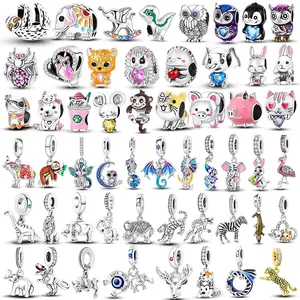Owl Animals Charm 925 Silver Original Shine Zircon Lion Dragon Peacock Elk Zebra Charms Fit Bracelet DIY Jewelry Birthday Gift