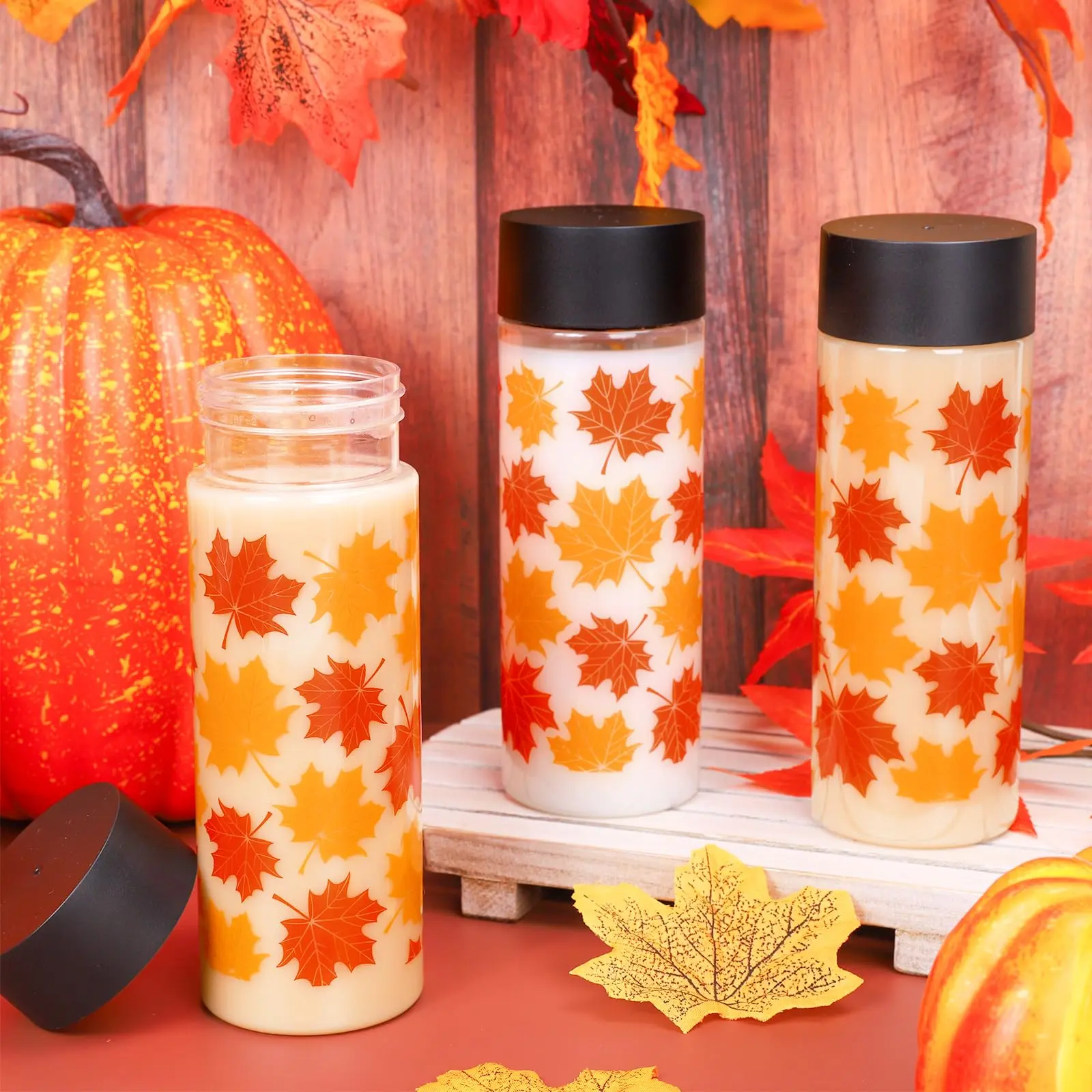 24pcs Fall Maple Leaves Plastic Bottles With Lids Reusable Water Bottle Bulk Clear Juice For Thanksgiving Harvest Gathering Party Supplies