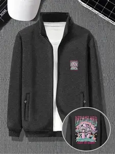 Men's Bomber Jacket, Lightweight Flight Jacket, Fall Outdoor Jacket, Cartoon Mushroom & Letter Print, Casual Fitted Transition Jacket