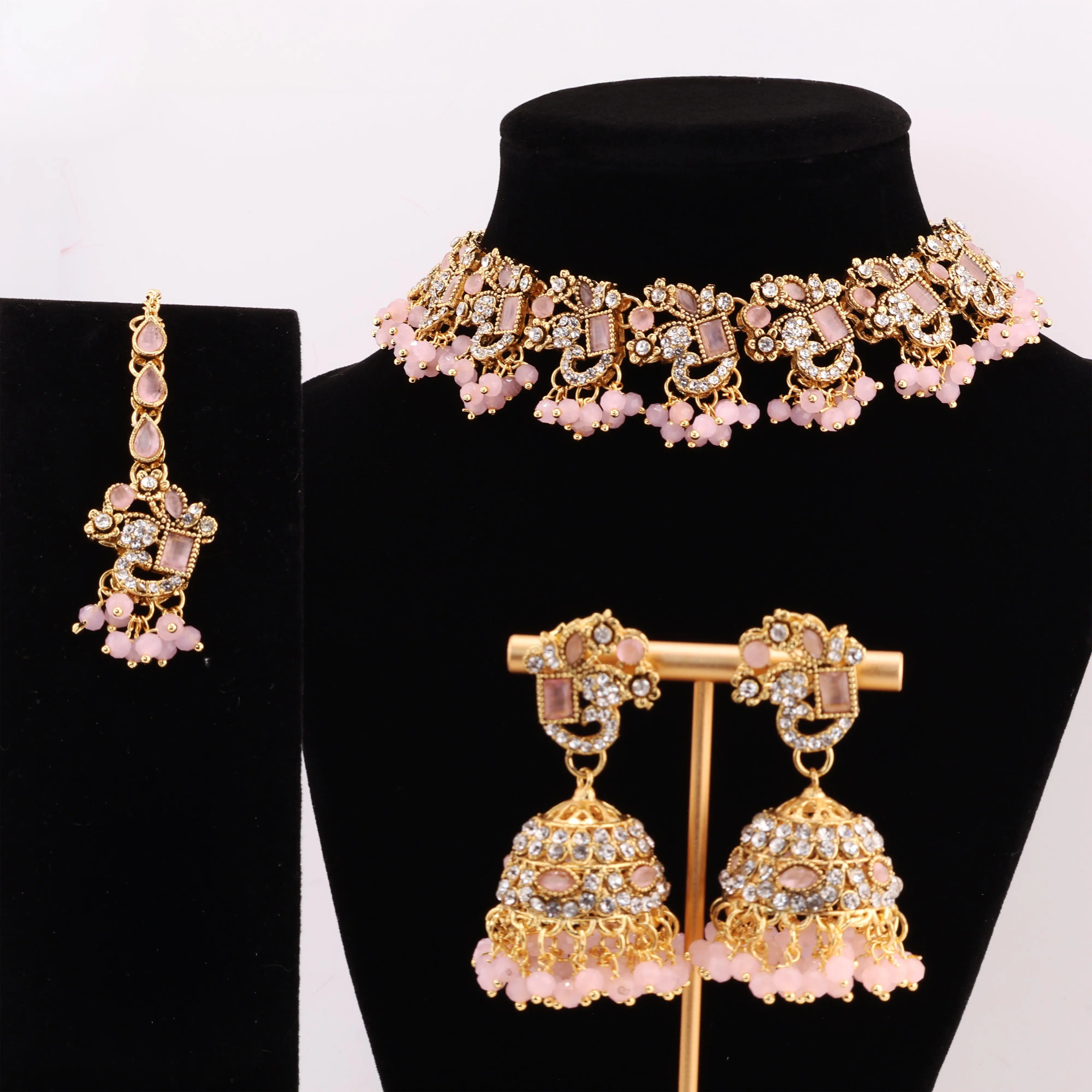 NAILA Pink & Antique Gold Kundan Necklace Set with Earrings | South Asian Indian Pakistani Nikah Festive Jewelry