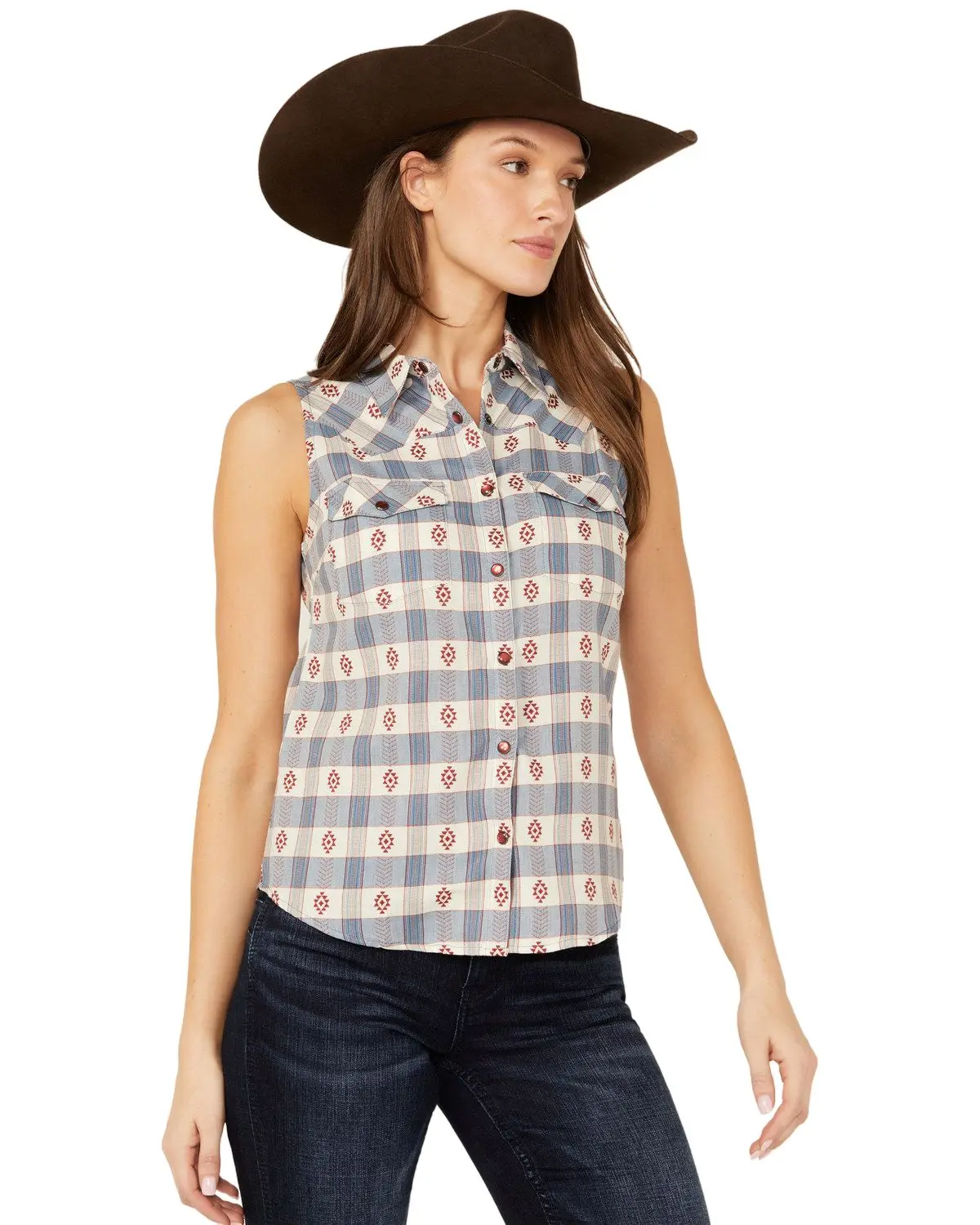 Shyanne Women's Casper Checkered Print Sleeveless Pearl Snap Western Shirt - Srsp24w22-Rybl