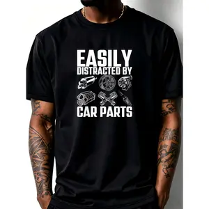 100% cotton Easily Distracted By Car Parts Funny Car Mechanic T-Shirt, Suitable for Mens & Womens Outdoor T-Shirt, 100%cotton, S-XXXL