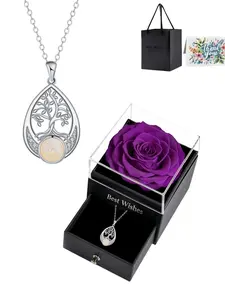 Tree & Opal Vitality Necklace - Original Tree of Life Design, Waterdrop Opal & Zircon Pendant, Elegant Clavicle Chain with Purple Preserved Rose Gift Box, Ideal Gift for Birthdays, Mother's Day & Valentine's Day