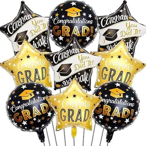 9pc Black Gold Grad Balloons, 18 Inch Graduation Foil Balloon for College High School 2025 Graduation Balloons Decorations