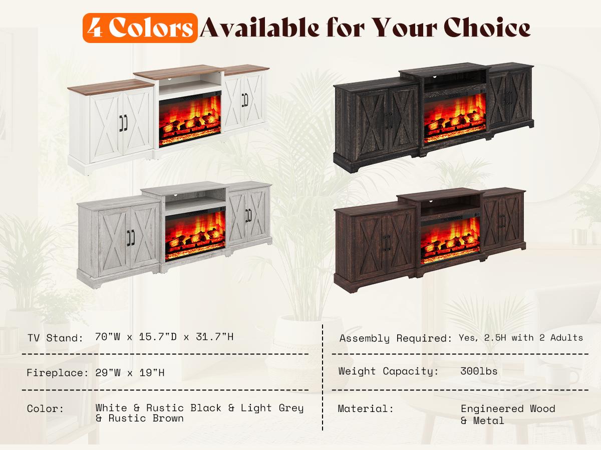[Ships in Multiple Boxes] VanAcc 70"/ 97" Large Fireplace TV Stand, Farmhouse Entertainment Center with 33" Electric Fireplace, Media Console with Storage Cabinets & Adjustable Shelf