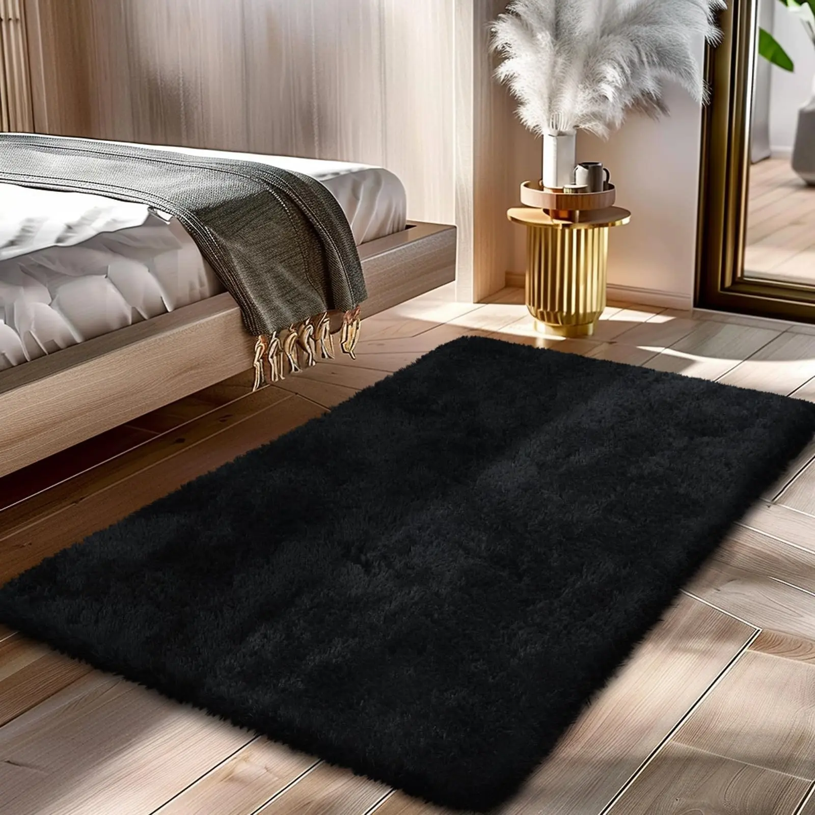 Black Shaggy Area Rug 2x4 Soft Fluffy Non-Slip Bedside Rug