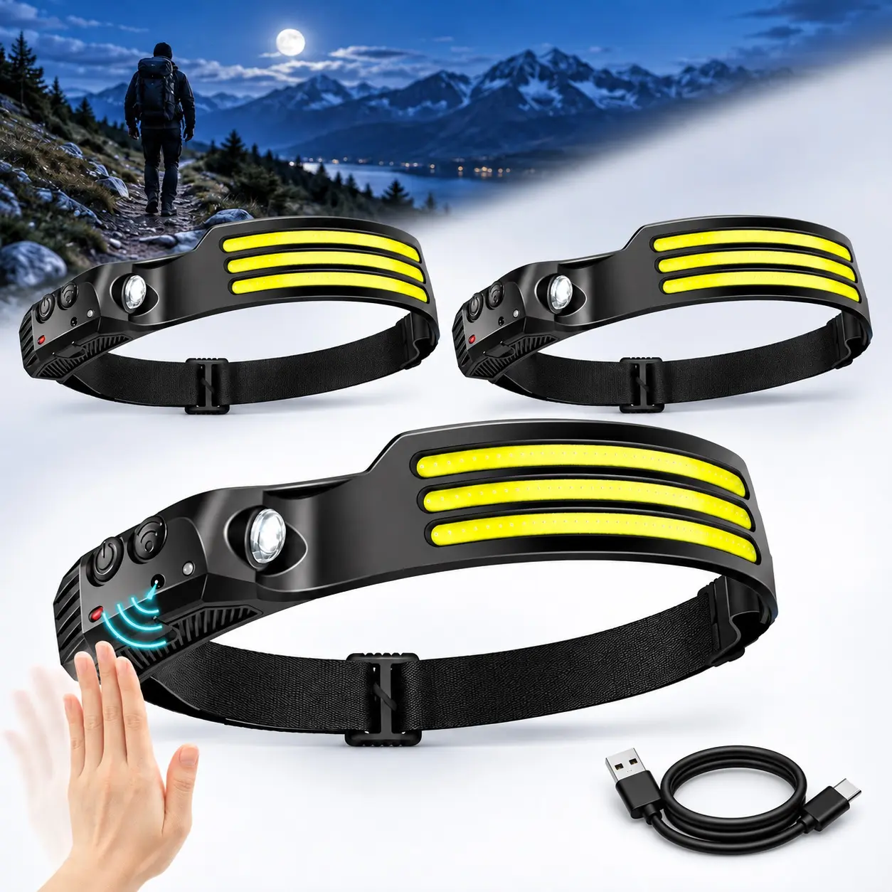 XTAUTO COB+XPE LED Headlamp - Waterproof, Adjustable Camping Light with 230° Wide Beam, 5-Mode Brightness, Motion Sensor, 8h Use, Rechargeable 100G Hands-Free Design, Soft Sponge Pad, Elastic Fit, ABS Plastic, Portable Lighting Solutions for DIY Users