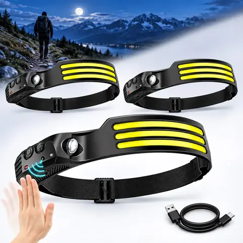 XTAUTO COB+XPE LED Headlamp - Waterproof, Adjustable Camping Light with 230° Wide Beam, 5-Mode Brightness, Motion Sensor, 8h Use, Rechargeable 100G Hands-Free Design, Soft Sponge Pad, Elastic Fit, ABS Plastic, Portable Lighting Solutions for DIY Users