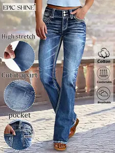Women's Mid-Waist Button Fly Jeans, Slim-Fit Striped Denim Jeans, High Elasticity, Casual & Formal Wear, All-Season Comfort, Pants