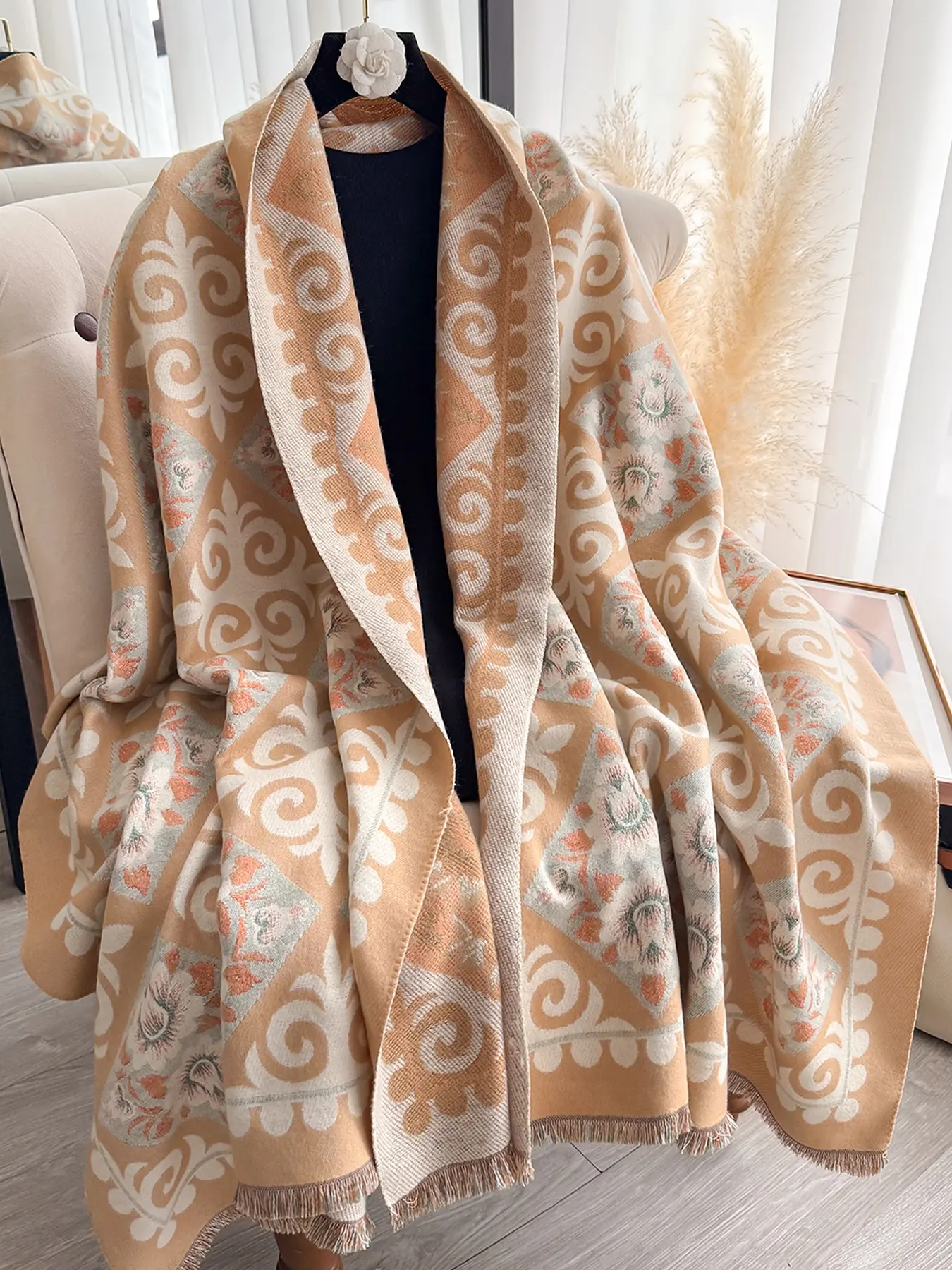 Women's Geometric Floral Plaid Shawl, Floral Pattern Shawl, Warm Comfortable Scarf, Casual Multifunctional Wrap, Fall & Winter Decoration